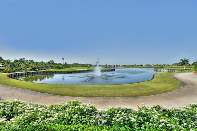 view of community featuring a water view and a yard