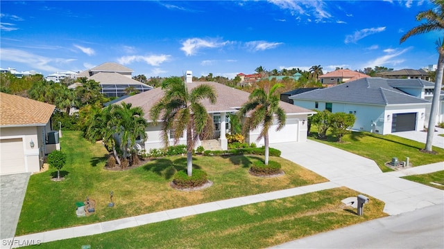 view of front of home featuring a front yard and a garage