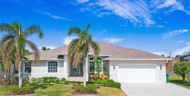 ranch-style house featuring a garage and a front yard