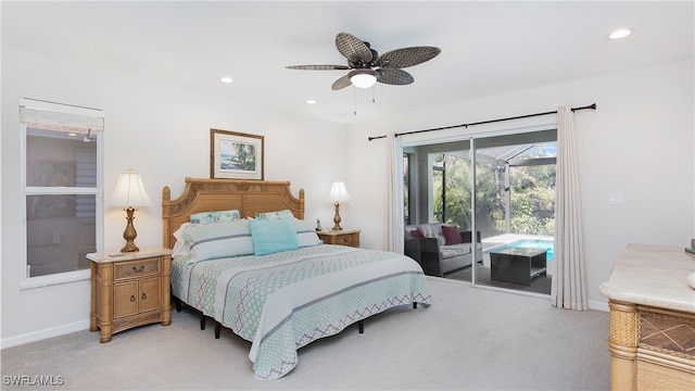 bedroom featuring access to exterior, carpet floors, and ceiling fan