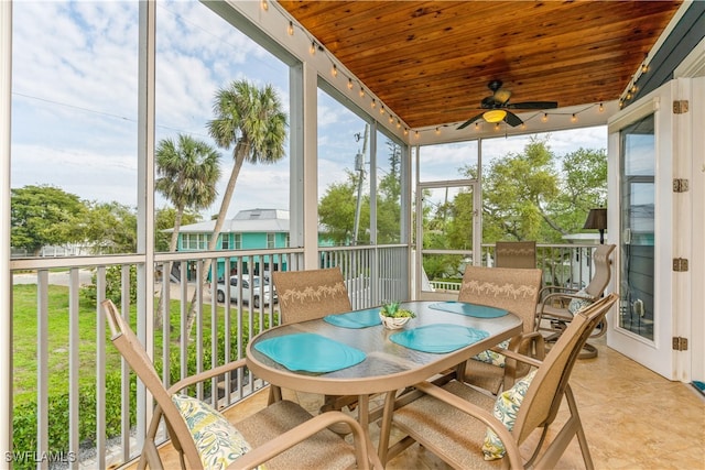 sunroom / solarium with ceiling fan and wooden ceiling