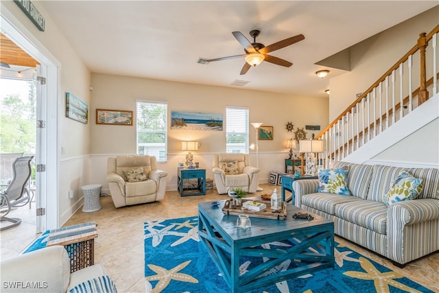 living room with ceiling fan