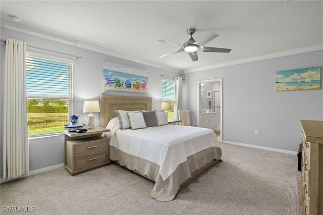 bedroom featuring light colored carpet, ceiling fan, connected bathroom, and ornamental molding