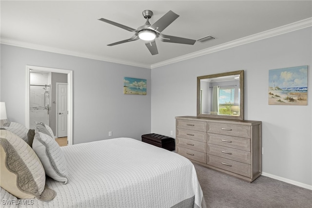 bedroom featuring ensuite bathroom, light carpet, ceiling fan, and crown molding