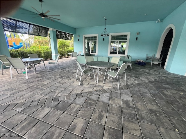 view of patio featuring ceiling fan