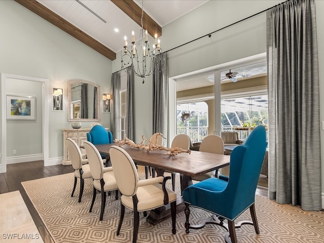 dining space with wooden ceiling, high vaulted ceiling, ceiling fan with notable chandelier, beam ceiling, and wood-type flooring