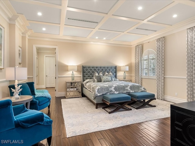 bedroom featuring crown molding, hardwood / wood-style floors, and coffered ceiling