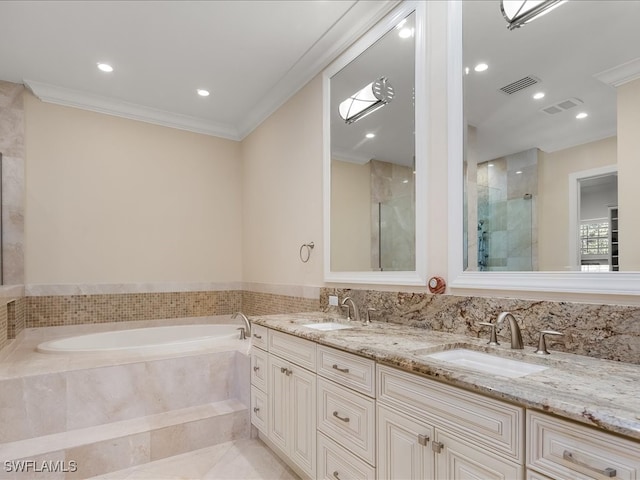 bathroom with vanity, separate shower and tub, and ornamental molding