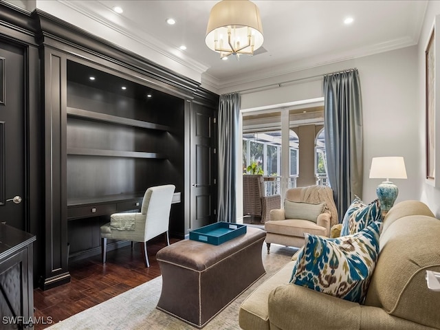 living room with dark hardwood / wood-style flooring, crown molding, and a notable chandelier