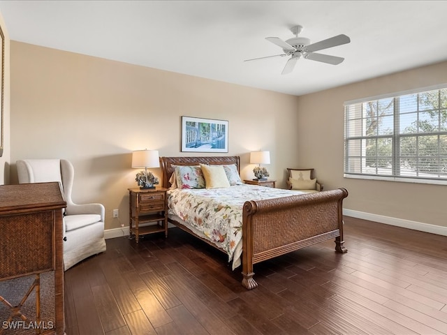 bedroom featuring dark hardwood / wood-style floors and ceiling fan