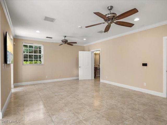 empty room with crown molding and ceiling fan