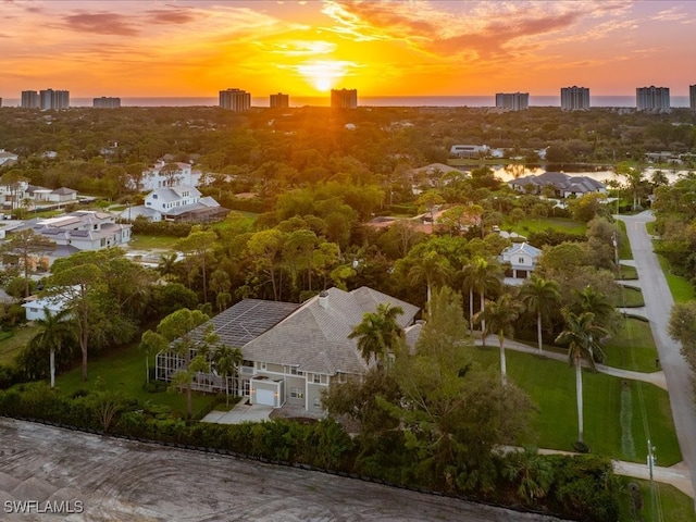 view of aerial view at dusk