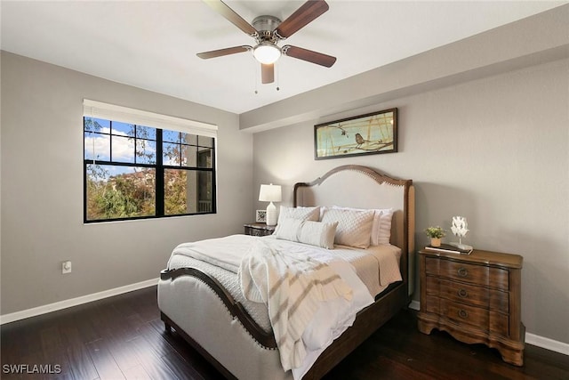 bedroom with ceiling fan, baseboards, and dark wood-type flooring