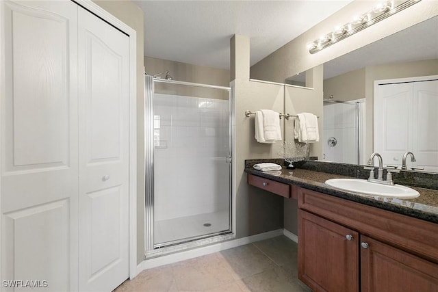 bathroom featuring a stall shower, tile patterned flooring, a closet, and vanity