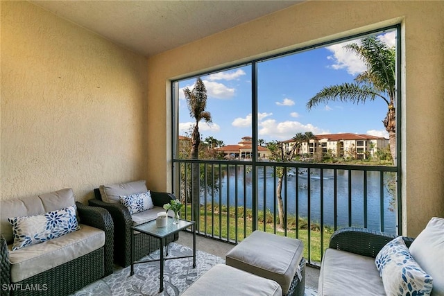 interior space with a water view