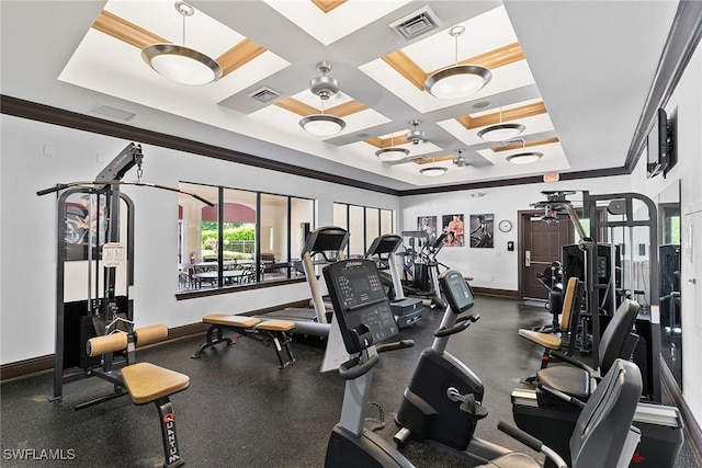 gym featuring coffered ceiling, crown molding, visible vents, and baseboards