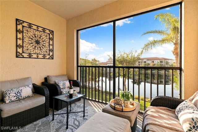 interior space featuring a water view