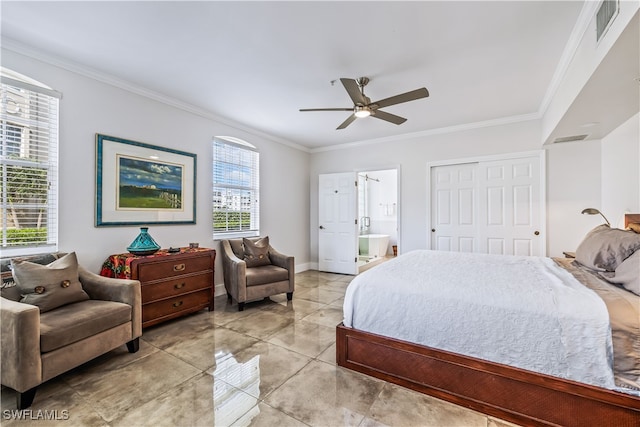 bedroom featuring ceiling fan, a closet, ensuite bathroom, and ornamental molding