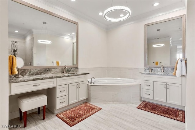 full bathroom with a bath, recessed lighting, vanity, and crown molding