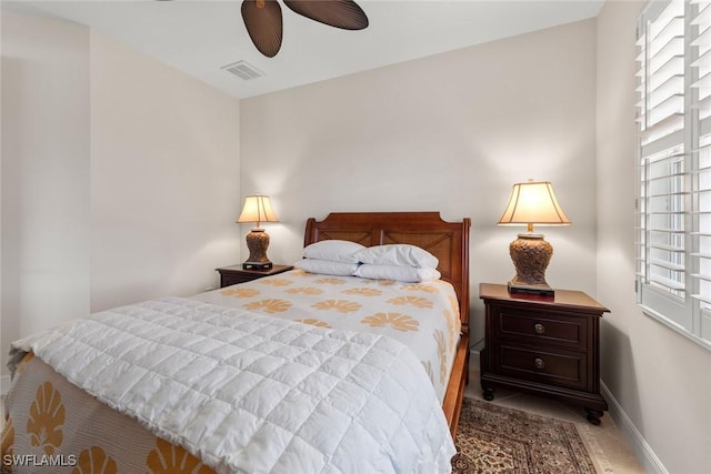 bedroom featuring a ceiling fan, baseboards, and visible vents