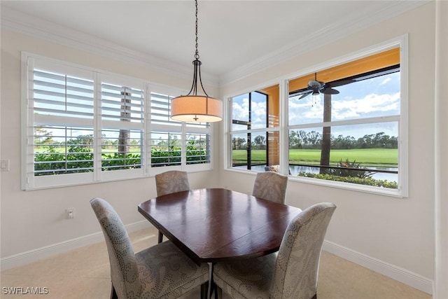 dining area featuring baseboards, a healthy amount of sunlight, and ornamental molding