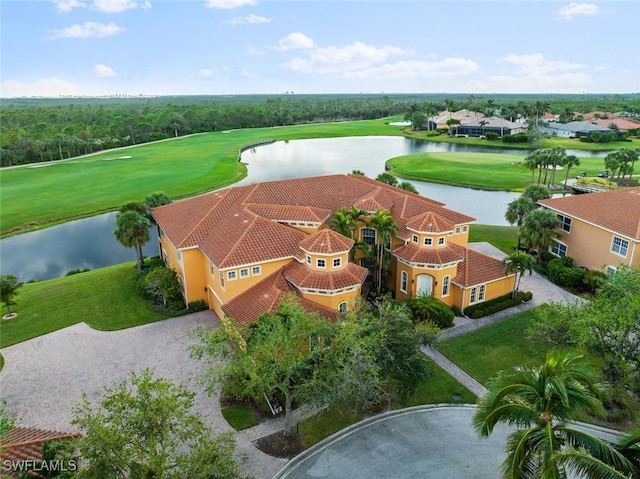 drone / aerial view featuring a water view and golf course view