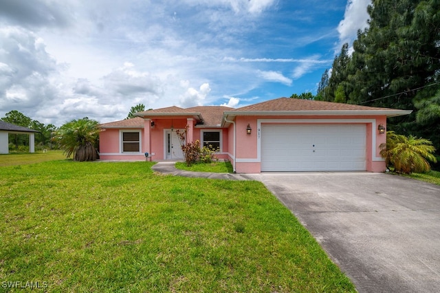 ranch-style home featuring a garage and a front lawn