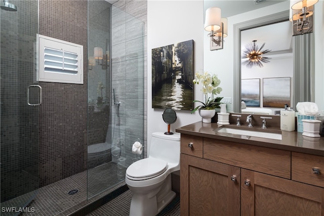 bathroom with walk in shower, tile patterned flooring, vanity, and toilet