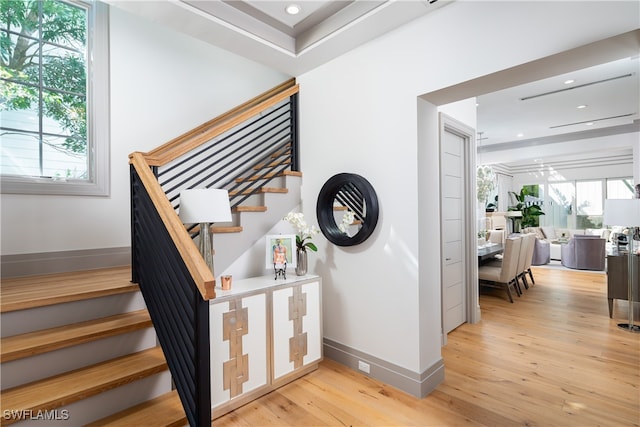 stairway featuring hardwood / wood-style flooring