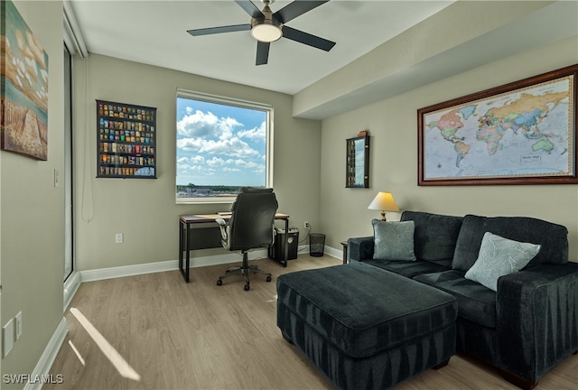 office with ceiling fan and light hardwood / wood-style flooring