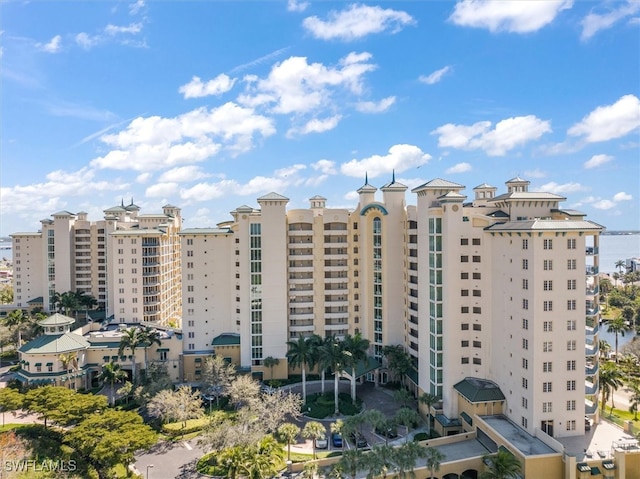 view of building exterior with a water view