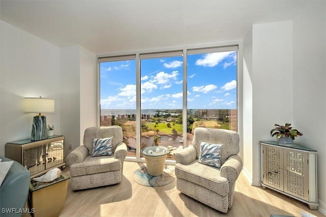 sitting room with light hardwood / wood-style floors and a wall of windows