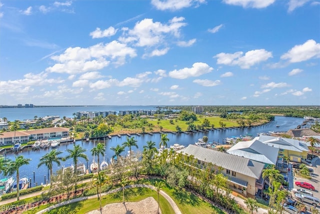 birds eye view of property featuring a water view