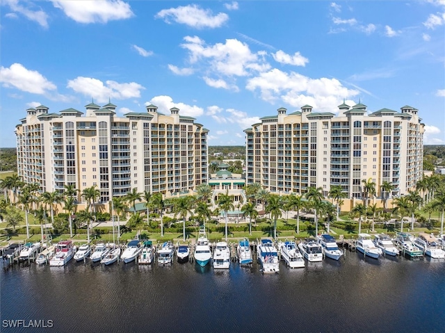 property view of water with a dock