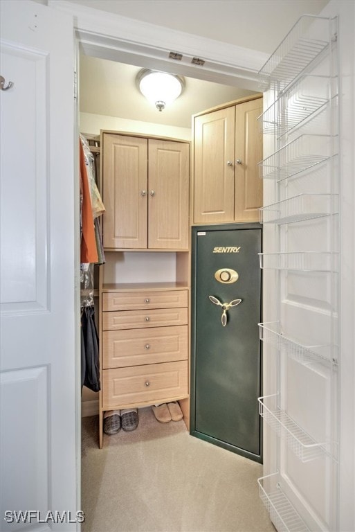 spacious closet featuring light carpet