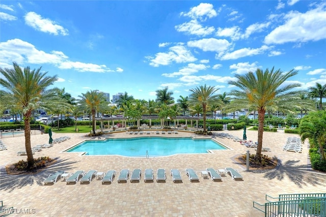 view of swimming pool featuring a patio area