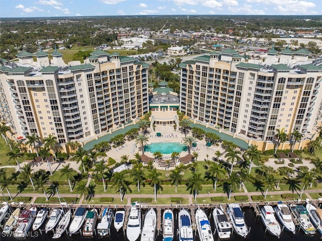 bird's eye view with a water view