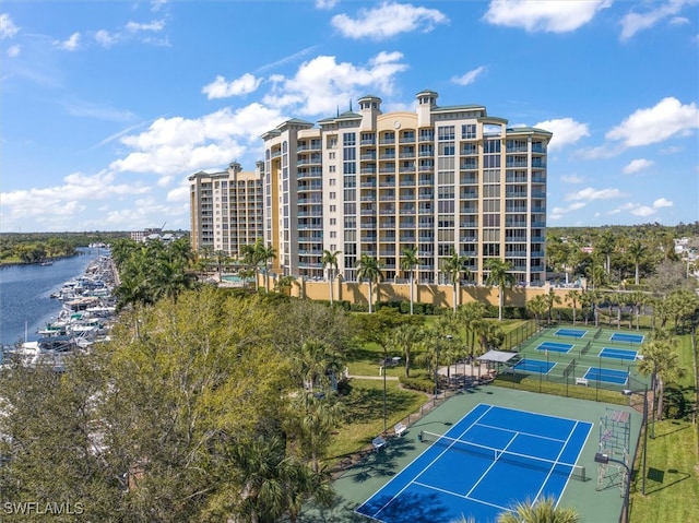 birds eye view of property featuring a water view