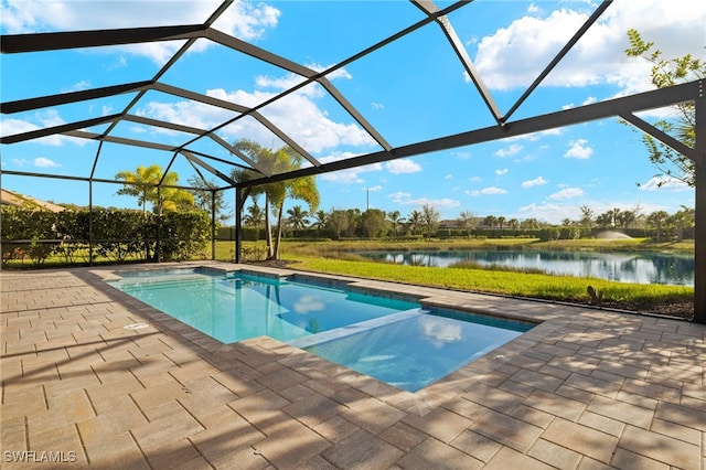 view of swimming pool featuring a patio, a water view, and a lanai