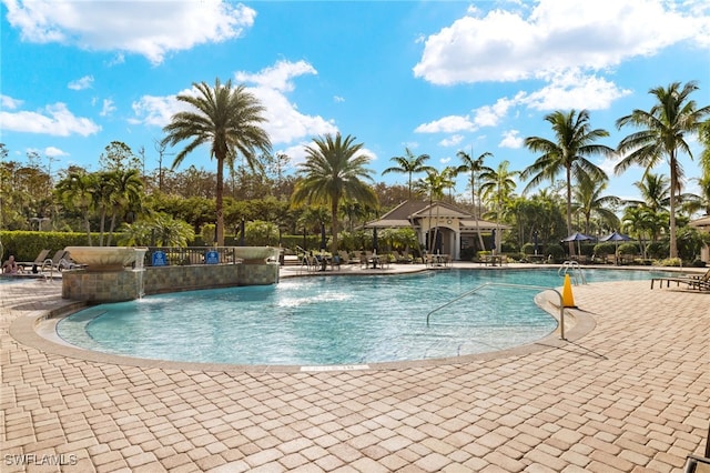 view of pool featuring a patio and pool water feature