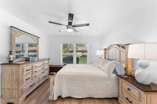 bedroom featuring multiple windows, wood-type flooring, and ceiling fan