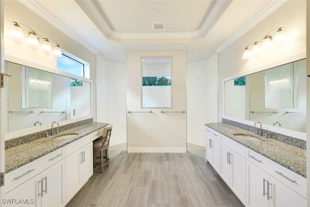 bathroom with ornamental molding, vanity, and a tray ceiling