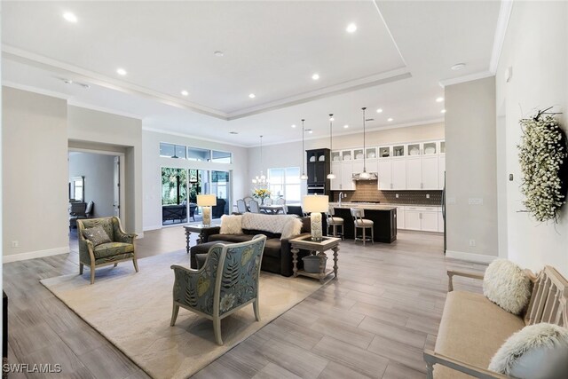 living room featuring crown molding and a tray ceiling