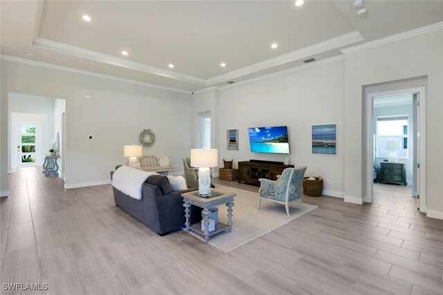 living room with crown molding and a tray ceiling