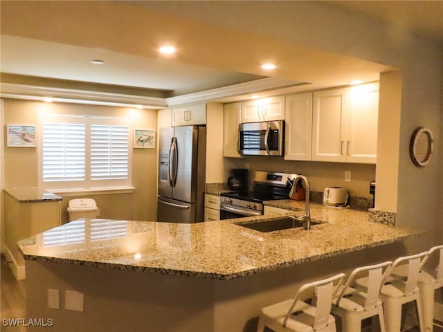 kitchen featuring white cabinetry, kitchen peninsula, stainless steel appliances, and light stone countertops