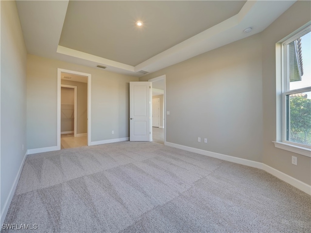 unfurnished bedroom featuring a tray ceiling, multiple windows, and light carpet