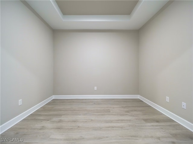 empty room featuring light hardwood / wood-style floors and a raised ceiling