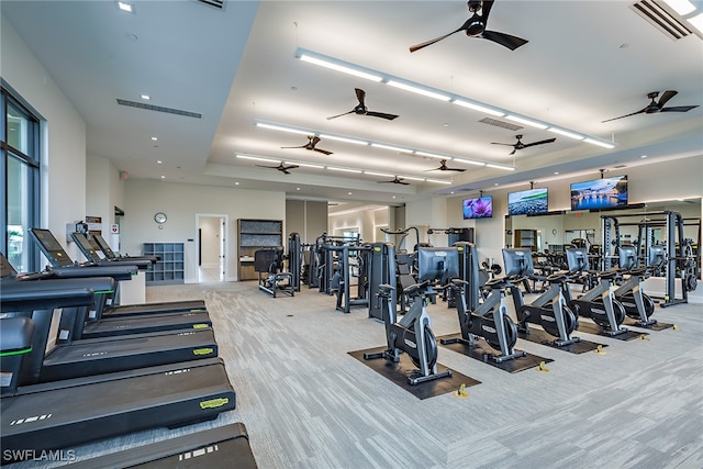 workout area featuring light carpet