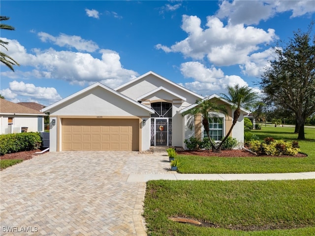 ranch-style home featuring central AC unit, a garage, and a front lawn