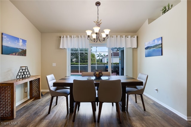 dining area with dark wood-type flooring and a chandelier